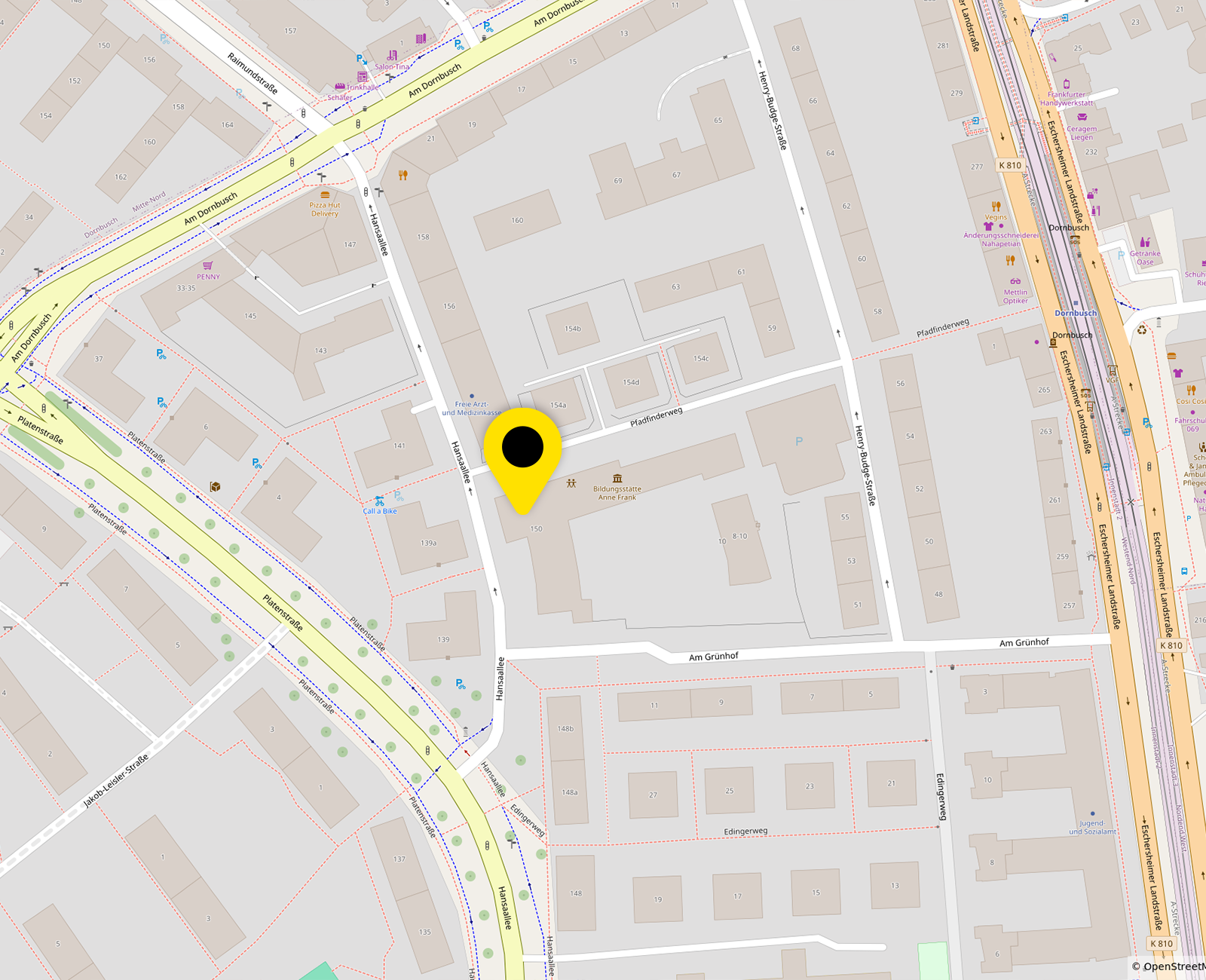 Kartenausschnitt mit Markierung des Standorts der Betreuungsbehörde in der Hansaallee 150, 60320 Frankfurt am Main.